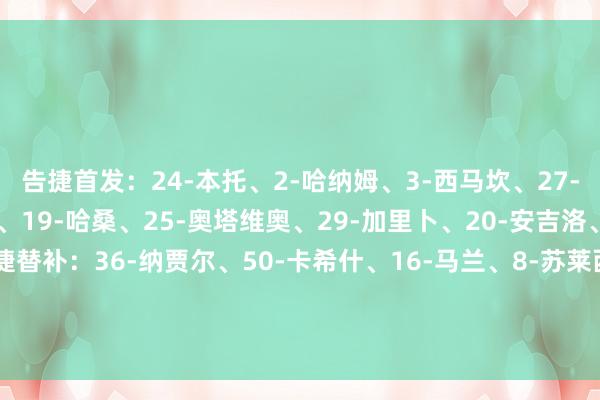告捷首发：24-本托、2-哈纳姆、3-西马坎、27-拉波尔特、12-纳瓦夫、19-哈桑、25-奥塔维奥、29-加里卜、20-安吉洛、10-马内、7-C罗告捷替补：36-纳贾尔、50-卡希什、16-马兰、8-苏莱西姆、4-法蒂尔、44-阿奇迪、83-纳吉迪、6-穆赫塔尔-阿里、78-拉贾米【赛前信息】    体育集锦