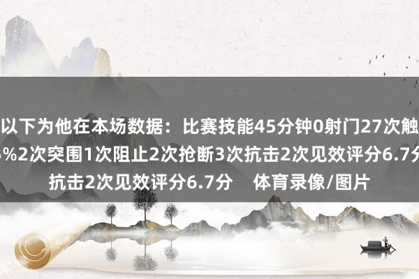 以下为他在本场数据：比赛技能45分钟0射门27次触球传球见遵循90.5%2次突围1次阻止2次抢断3次抗击2次见效评分6.7分    体育录像/图片